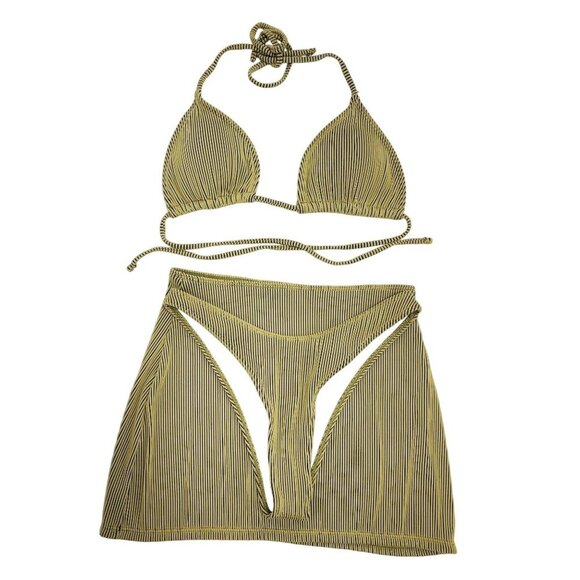 Striped Bikini Set With Triangle Swimsuit Top & Skirt Cover-Up Size M - Picture 1 of 7